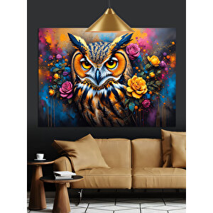 Renkli Çiçekler Arasında Baykuş Dekoratif Kanvas - Mdf Ahşap Tablo 50x70 cm