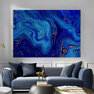 Lüks Mermer Duvar Dekoru, Lacivert Duvar Sanatı, Altın Mermer Alkol Mürekkebi Temalı Kanvas 80x160 cm