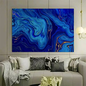 Lüks Mermer Duvar Dekoru, Lacivert Duvar Sanatı, Altın Mermer Alkol Mürekkebi Temalı Kanvas 80x160 cm