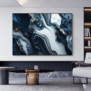 Lüks Mermer Duvar Dekoru, Lacivert Duvar Sanatı, Soyut Mermer Tablo, Alkol Mürekkebi Sanatı 80x120 cm