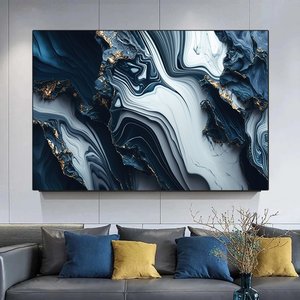 Lüks Mermer Duvar Dekoru, Lacivert Duvar Sanatı, Soyut Mermer Tablo, Alkol Mürekkebi Sanatı 80x120 cm