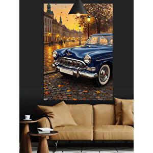 Sokak Lambası Ve Klasik Araba Dekoratif Kanvas - Mdf Ahşap Tablo
