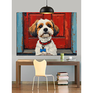 Kırmızı Kapı Önünde Köpek Dekoratif Kanvas - Mdf Ahşap Tablo 50x70 cm