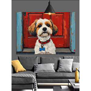 Kırmızı Kapı Önünde Köpek Dekoratif Kanvas - Mdf Ahşap Tablo 35x50 cm
