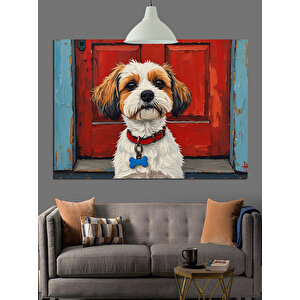 Kırmızı Kapı Önünde Köpek Dekoratif Kanvas - Mdf Ahşap Tablo 35x50 cm