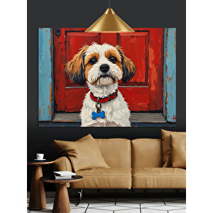 Kırmızı Kapı Önünde Köpek Dekoratif Kanvas - Mdf Ahşap Tablo
