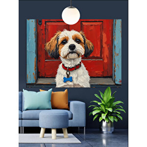 Kırmızı Kapı Önünde Köpek Dekoratif Kanvas - Mdf Ahşap Tablo