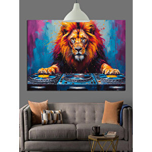 Dj Setinin Başında Aslan Dekoratif Kanvas - Mdf Ahşap Tablo 25x35 cm