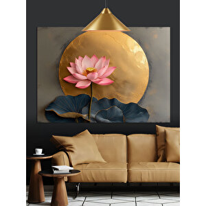 Altın Fon Üzerinde Lotus Çiçeği Dekoratif Kanvas - Mdf Ahşap Tablo 70x100 cm