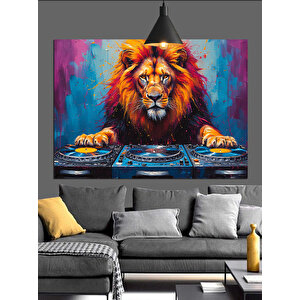 Dj Setinin Başında Aslan Dekoratif Kanvas - Mdf Ahşap Tablo 70x100 cm