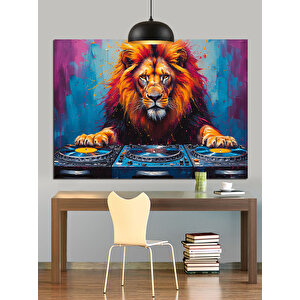 Dj Setinin Başında Aslan Dekoratif Kanvas - Mdf Ahşap Tablo 70x100 cm