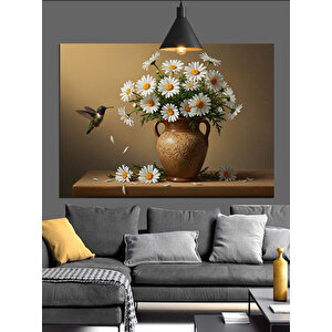 Vazoda Papatya Ve Sinekkuşu Dekoratif Kanvas - Mdf Ahşap Tablo 50x70 cm