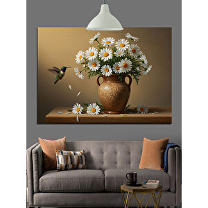 Vazoda Papatya Ve Sinekkuşu Dekoratif Kanvas - Mdf Ahşap Tablo 50x70 cm