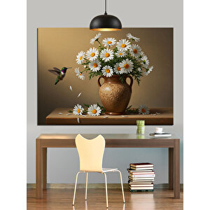 Vazoda Papatya Ve Sinekkuşu Dekoratif Kanvas - Mdf Ahşap Tablo 50x70 cm