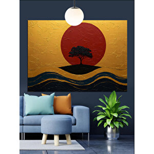 Kırmızı Güneş Ve Ağaç Dekoratif Kanvas - Mdf Ahşap Tablo
