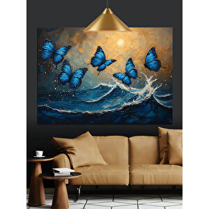 Mavi Kelebekler Deniz Dalgası Dekoratif Kanvas - Mdf Ahşap Tablo