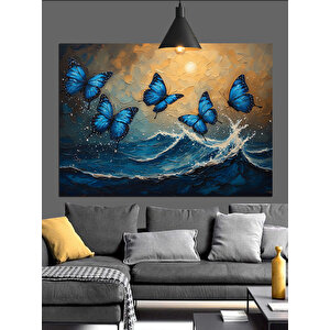 Mavi Kelebekler Deniz Dalgası Dekoratif Kanvas - Mdf Ahşap Tablo