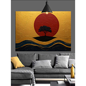 Kırmızı Güneş Ve Ağaç Dekoratif Kanvas - Mdf Ahşap Tablo 70x100 cm