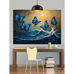 Mavi Kelebekler Deniz Dalgası Dekoratif Kanvas - Mdf Ahşap Tablo 70x100 cm