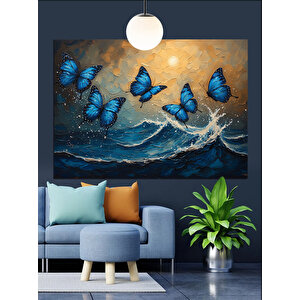 Mavi Kelebekler Deniz Dalgası Dekoratif Kanvas - Mdf Ahşap Tablo 70x100 cm