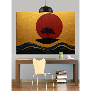 Kırmızı Güneş Ve Ağaç Dekoratif Kanvas - Mdf Ahşap Tablo