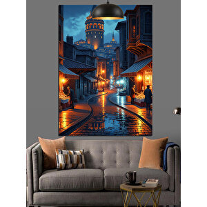 Gece Işığında Galata Sokakları Dekoratif Kanvas - Mdf Ahşap Tablo 70x100 cm