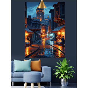 Gece Işığında Galata Sokakları Dekoratif Kanvas - Mdf Ahşap Tablo