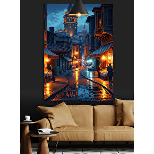 Gece Işığında Galata Sokakları Dekoratif Kanvas - Mdf Ahşap Tablo