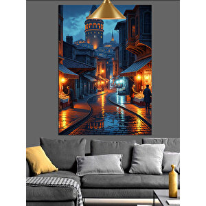 Gece Işığında Galata Sokakları Dekoratif Kanvas - Mdf Ahşap Tablo 50x70 cm