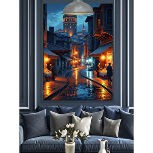 Gece Işığında Galata Sokakları Dekoratif Kanvas - Mdf Ahşap Tablo 35x50 cm