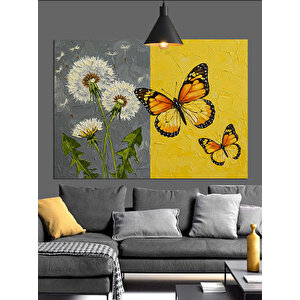 Papatyalar Üzerinde Sarı Kelebek Dekoratif Kanvas - Mdf Ahşap Tablo