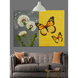 Papatyalar Üzerinde Sarı Kelebek Dekoratif Kanvas - Mdf Ahşap Tablo