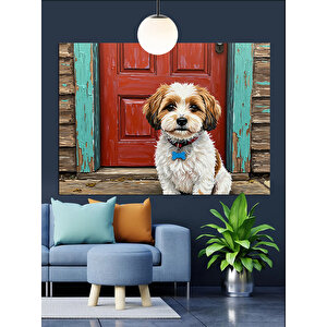 Kırmızı Kapı Önünde Köpek Dekoratif Kanvas - Mdf Ahşap Tablo