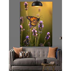 Lavanta Üzerinde Kelebek Dekoratif Kanvas - Mdf Ahşap Tablo 70x100 cm