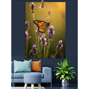 Lavanta Üzerinde Kelebek Dekoratif Kanvas - Mdf Ahşap Tablo 70x100 cm