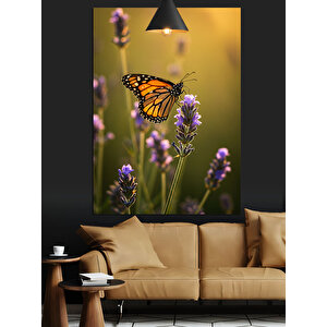 Lavanta Üzerinde Kelebek Dekoratif Kanvas - Mdf Ahşap Tablo 70x100 cm