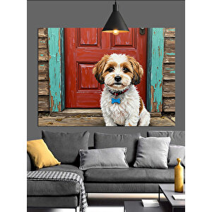 Kırmızı Kapı Önünde Köpek Dekoratif Kanvas - Mdf Ahşap Tablo 70x100 cm