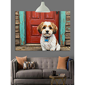 Kırmızı Kapı Önünde Köpek Dekoratif Kanvas - Mdf Ahşap Tablo 70x100 cm