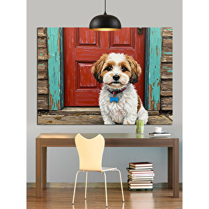 Kırmızı Kapı Önünde Köpek Dekoratif Kanvas - Mdf Ahşap Tablo 70x100 cm