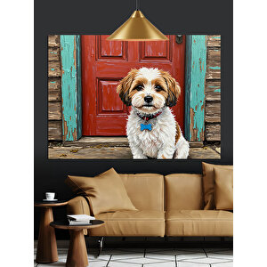 Kırmızı Kapı Önünde Köpek Dekoratif Kanvas - Mdf Ahşap Tablo