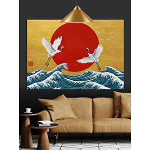 Kırmızı Güneş Ve Turnalar Dekoratif Kanvas - Mdf Ahşap Tablo 25x35 cm