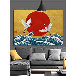 Kırmızı Güneş Ve Turnalar Dekoratif Kanvas - Mdf Ahşap Tablo 25x35 cm