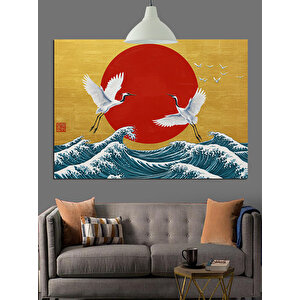 Kırmızı Güneş Ve Turnalar Dekoratif Kanvas - Mdf Ahşap Tablo 25x35 cm