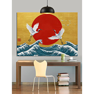 Kırmızı Güneş Ve Turnalar Dekoratif Kanvas - Mdf Ahşap Tablo