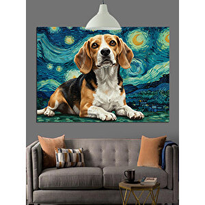Yıldızlı Gökyüzünde Beagle Köpek Dekoratif Kanvas - Mdf Ahşap Tablo
