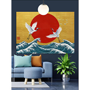 Kırmızı Güneş Ve Turnalar Dekoratif Kanvas - Mdf Ahşap Tablo