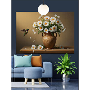 Vazoda Papatya Ve Sinekkuşu Dekoratif Kanvas - Mdf Ahşap Tablo