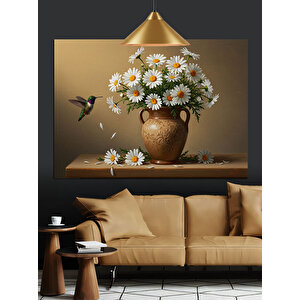 Vazoda Papatya Ve Sinekkuşu Dekoratif Kanvas - Mdf Ahşap Tablo