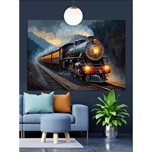 Raylarda İlerleyen Buharlı Tren Dekoratif Kanvas - Mdf Ahşap Tablo 35x50 cm