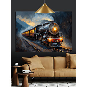 Raylarda İlerleyen Buharlı Tren Dekoratif Kanvas - Mdf Ahşap Tablo 35x50 cm